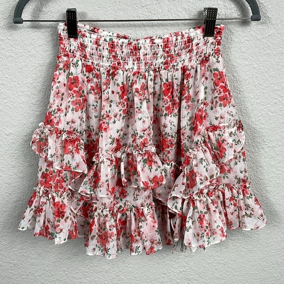 New Misa Los Angeles Floral Mini Skirt Smocked Elastic Waist Tiered Ruffles M - Picture 3 of 12